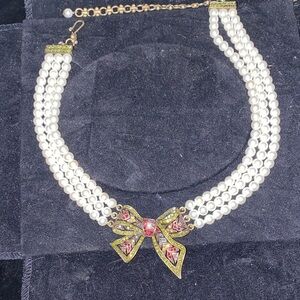 Heidi Daus Elegant Bow Tie Affair Faux Pearl Triple strand and Swarovski Crystal